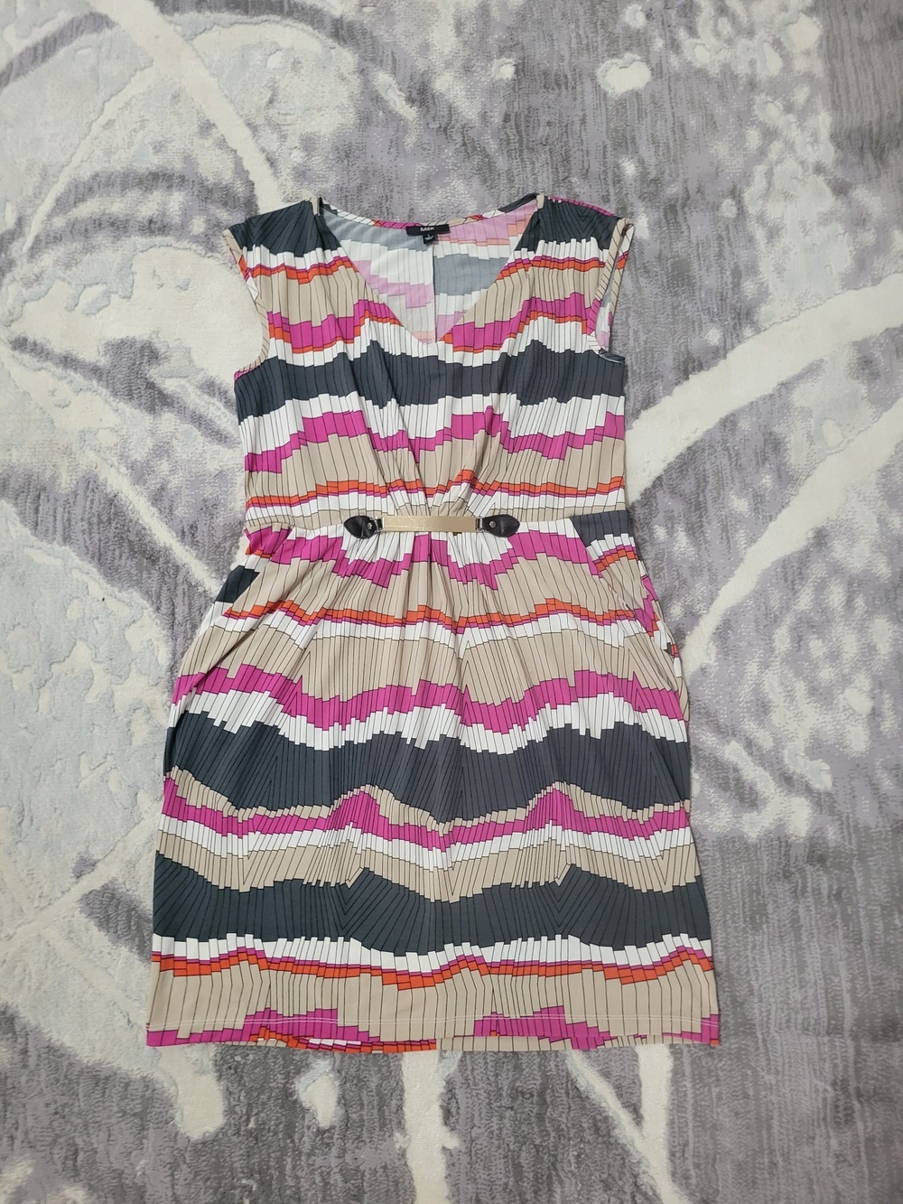MSK Striped Pleated Midi Dress in Pink, Black & Beige Size L